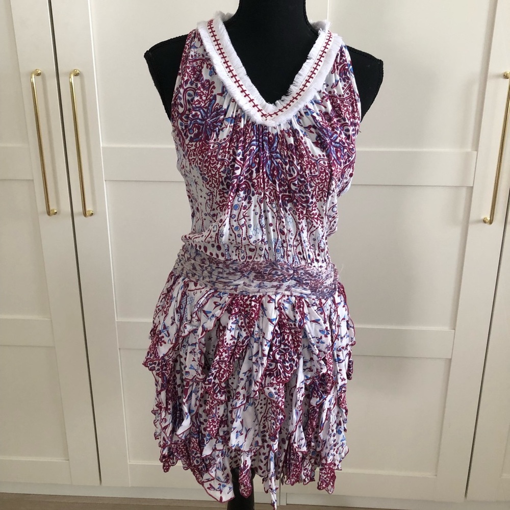 Poupett St Barth White Halter Mini Dress with Plum & Blue Print